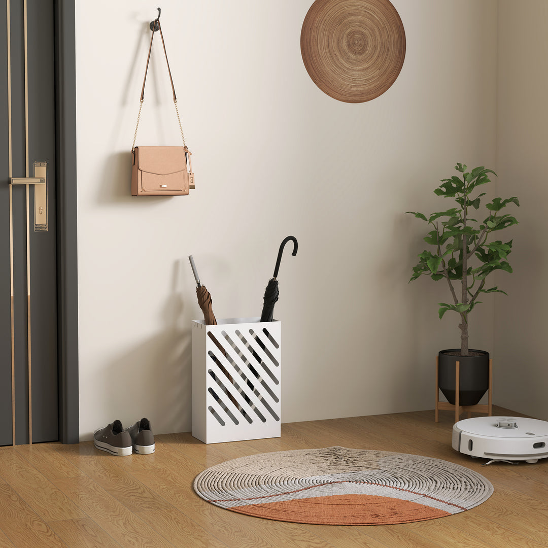 Paraplystativ med drypbakke, 4 kroge, stål, 28l x 14b x 41h cm, hvid