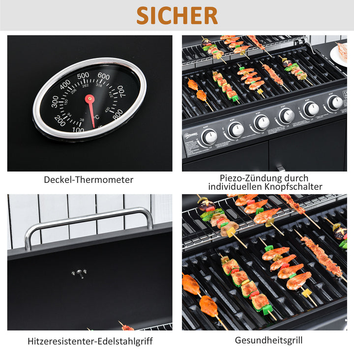 Gasgrill med 7 brændere, inklusive termometer, BBQ-grill, bærbar grill, sort