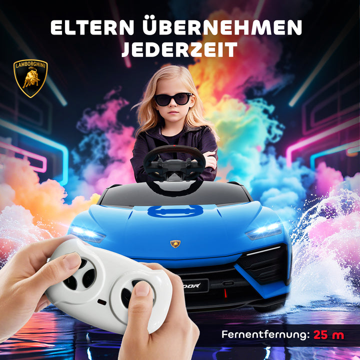 Børne elbil, 12V, med 2,4 GHz fjernbetjening, 2 motorer, horn, LED-lys, musik, 101,5 x 49 x 43 cm, blå