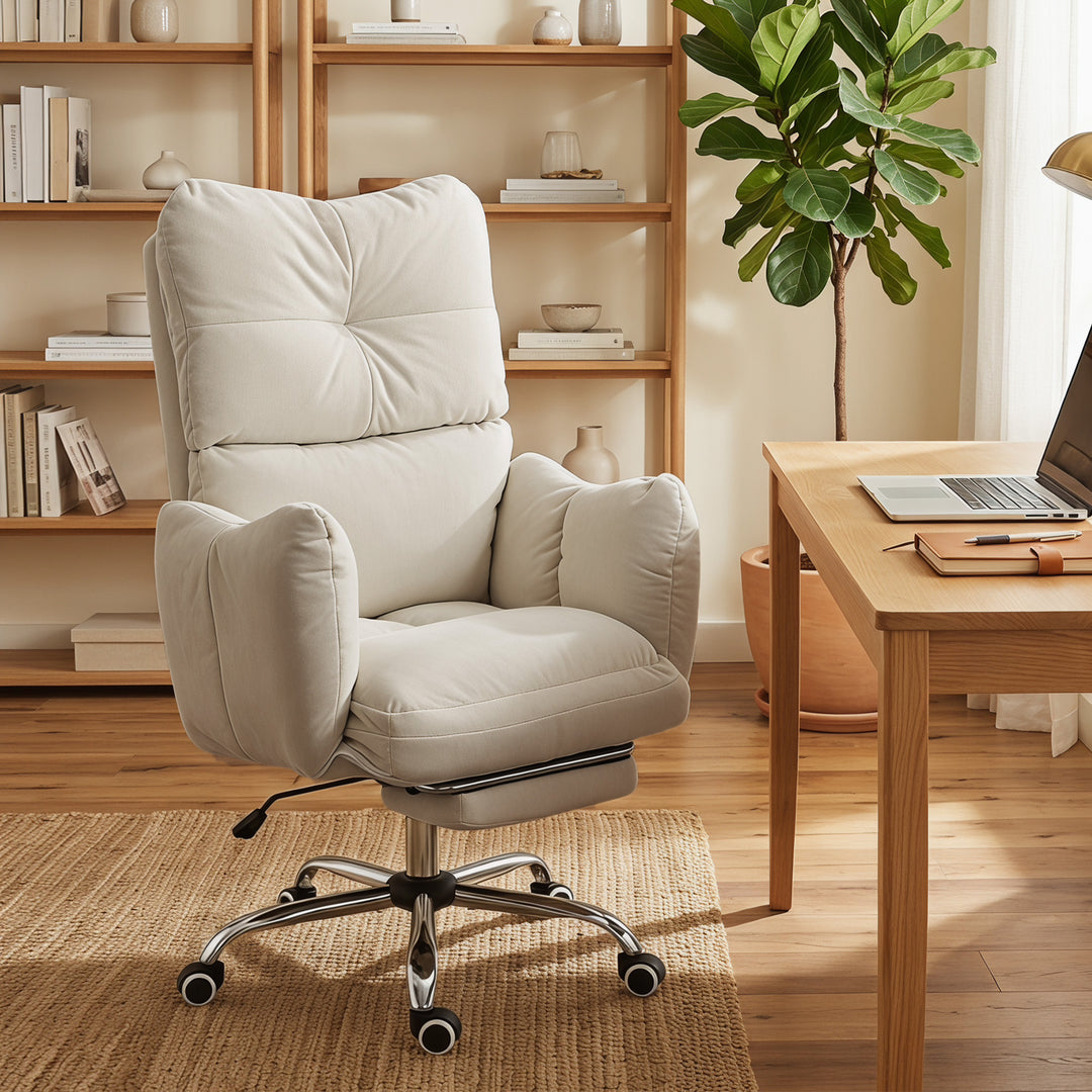 Kontorstol med fodstøtte, ergonomisk drejestol med vippefunktion, justerbar høj ryglæn, sneflannelstof