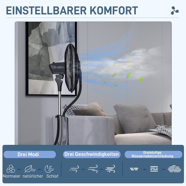 Sokkelventilator med befugtning, stille, bærbar, fjernbetjening, sort