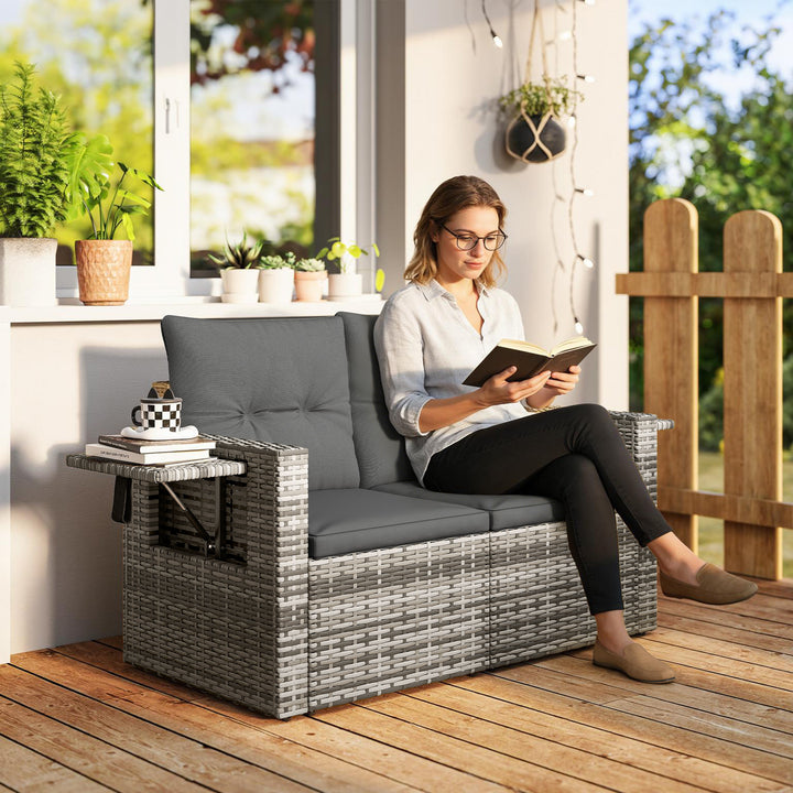 2-personers rattansofa med hynder, foldbare sidebakker, loungesofa, siddegruppe, lysegrå