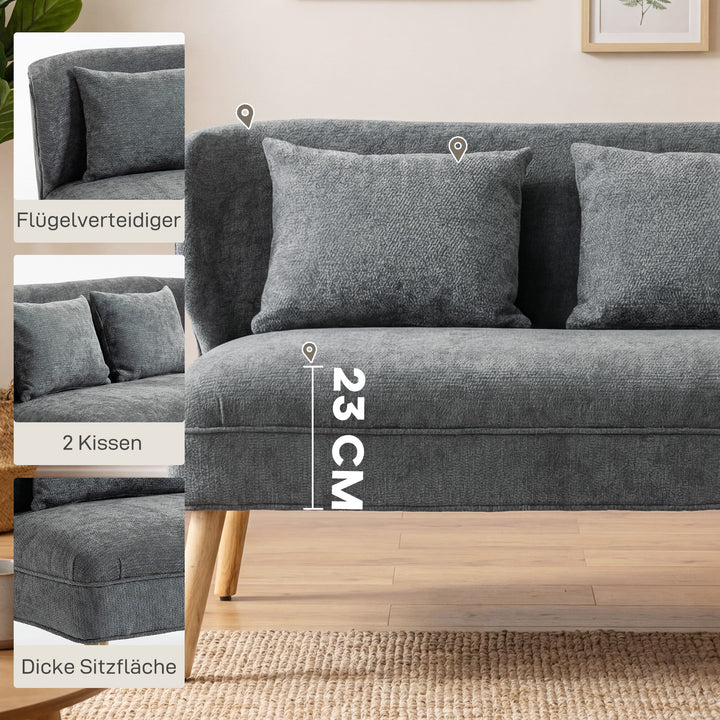 2-personers sofa, lille chenillesofa med ryglæn, tykt sæde, gummitræfødder, grå