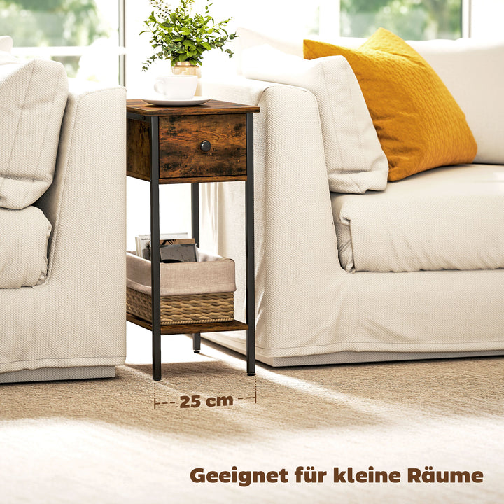 Sidebord med åbent rum og skuffe, sengebord, metalben, træ, brun