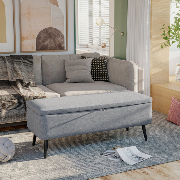 Bænk, opbevaringskommode, polstret bænk, hørlook, op til 150 kg, 101 x 38,5 x 44,5 cm, grå