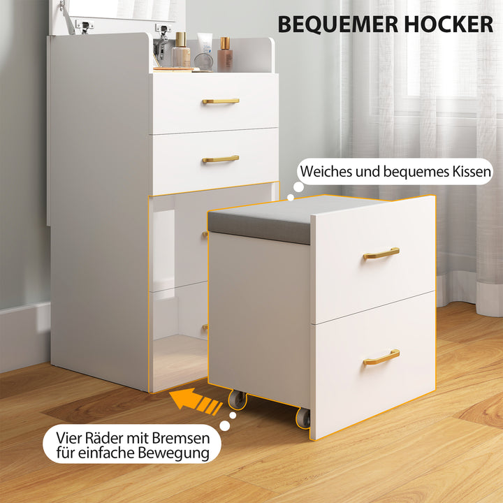 3-i-1 toiletbord med spejl, sengebord, rullestol, skuffer, hvid
