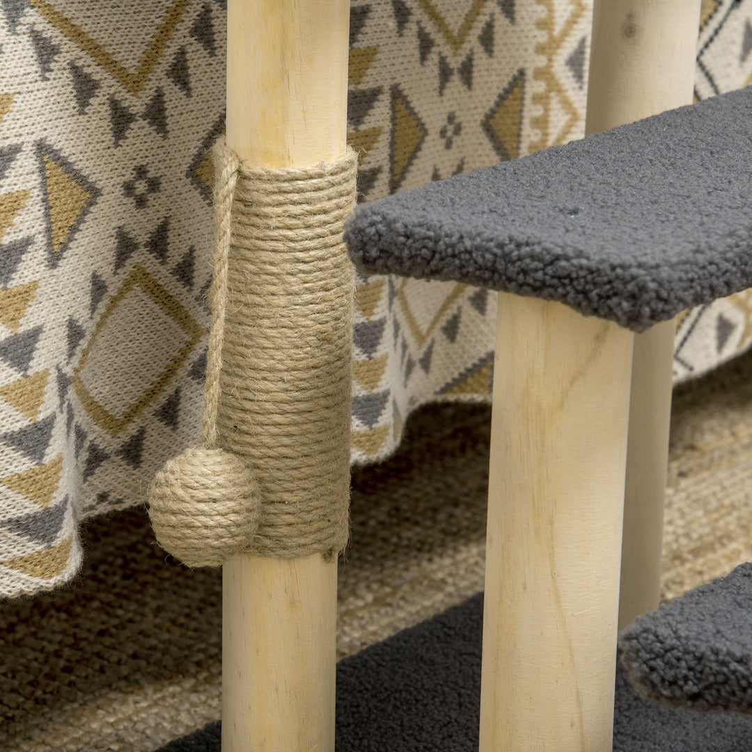 Kattetrappe, kradsetræ, tre trin, legebold, grå+træ, 45 x 40 x 48 cm