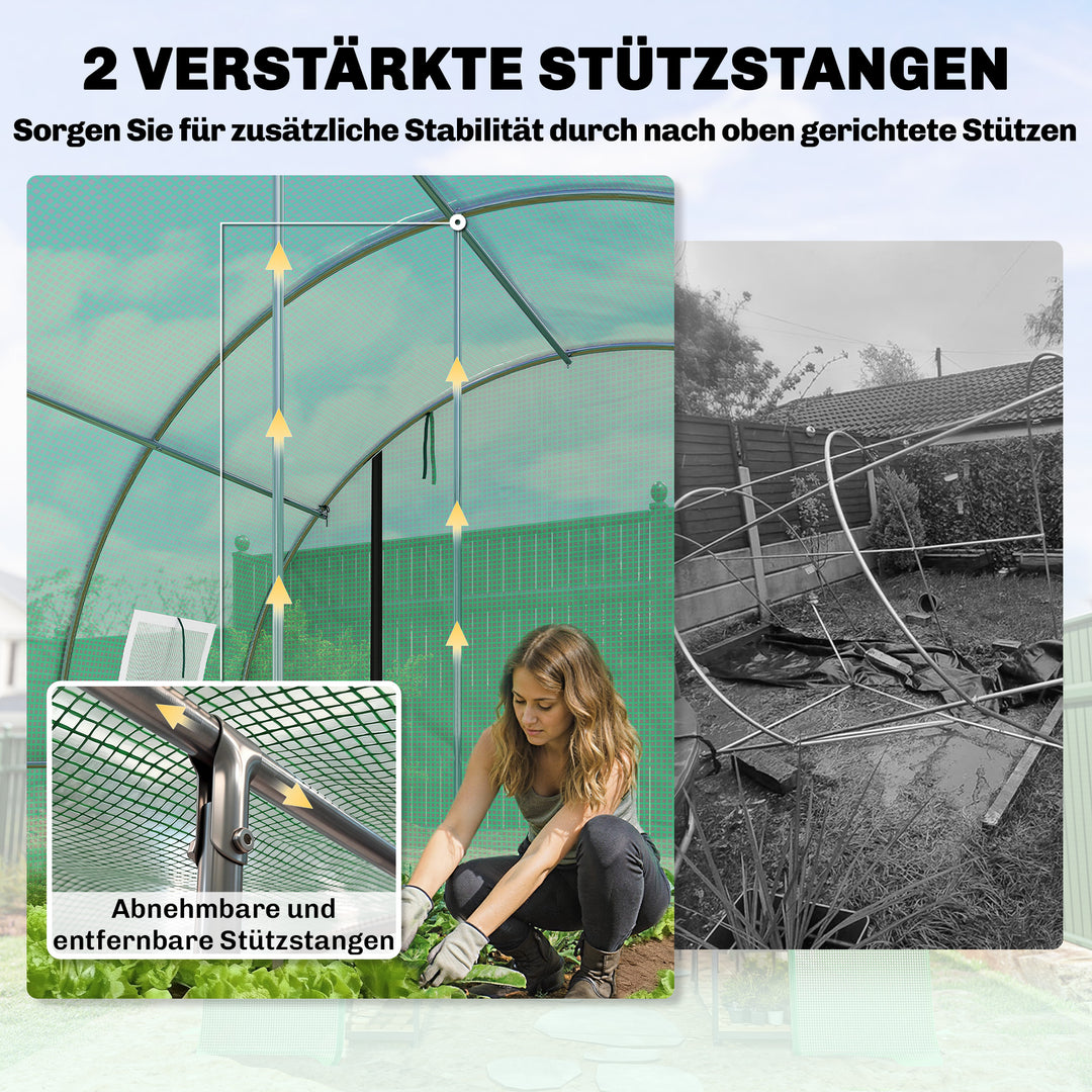 Drivhus ca. 4 x 3 x 2 m, foliedrivhus med hjul, 2 lynlåsdøre og 8 netvinduer, støttestænger, grøn