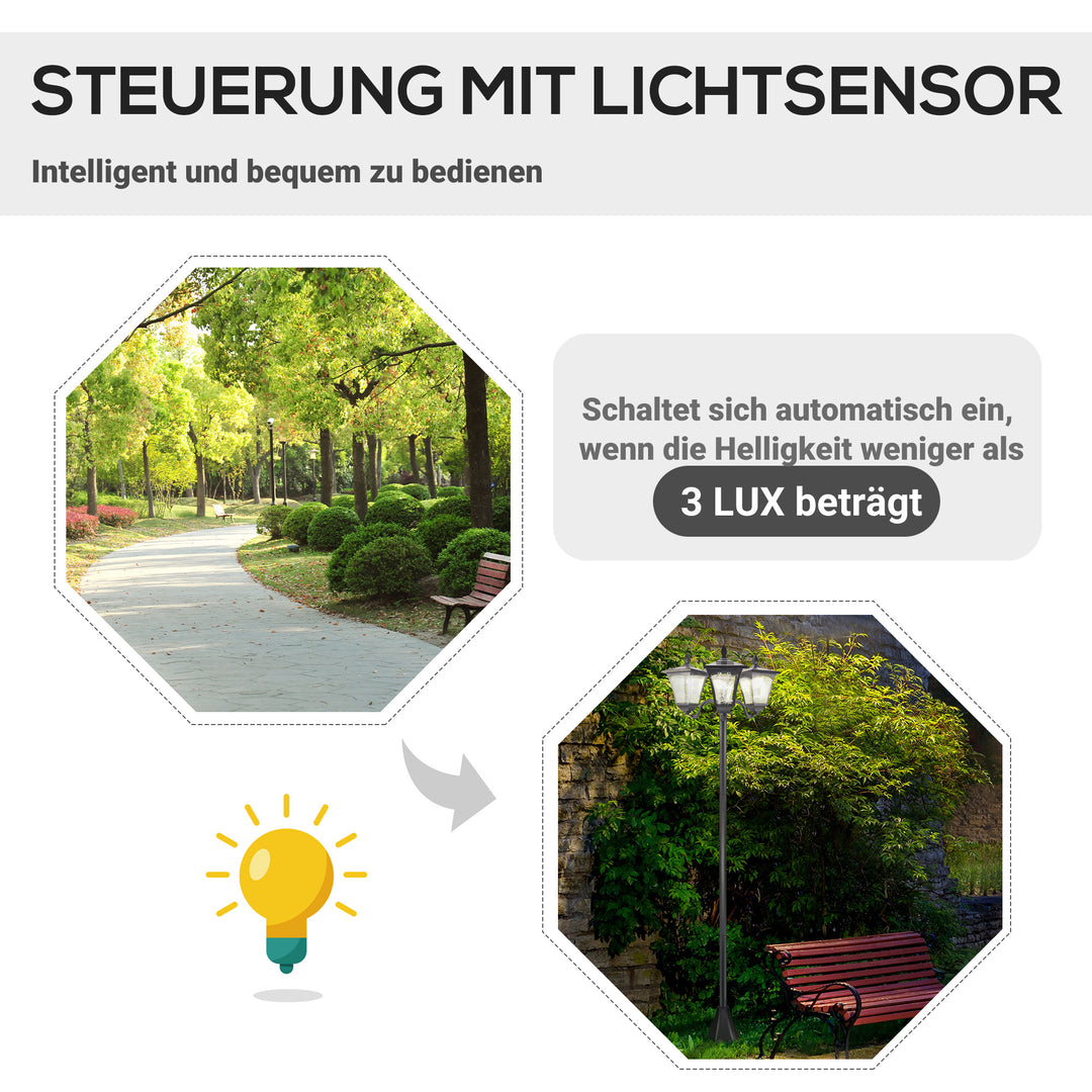 Solcellehavelanterne med 3 lys, lanternestang i rustfrit stål, solcellelanterne med LED 120 lumen, 51,5x47x182,5 cm, stilampe IP44 til havebalkon, sort