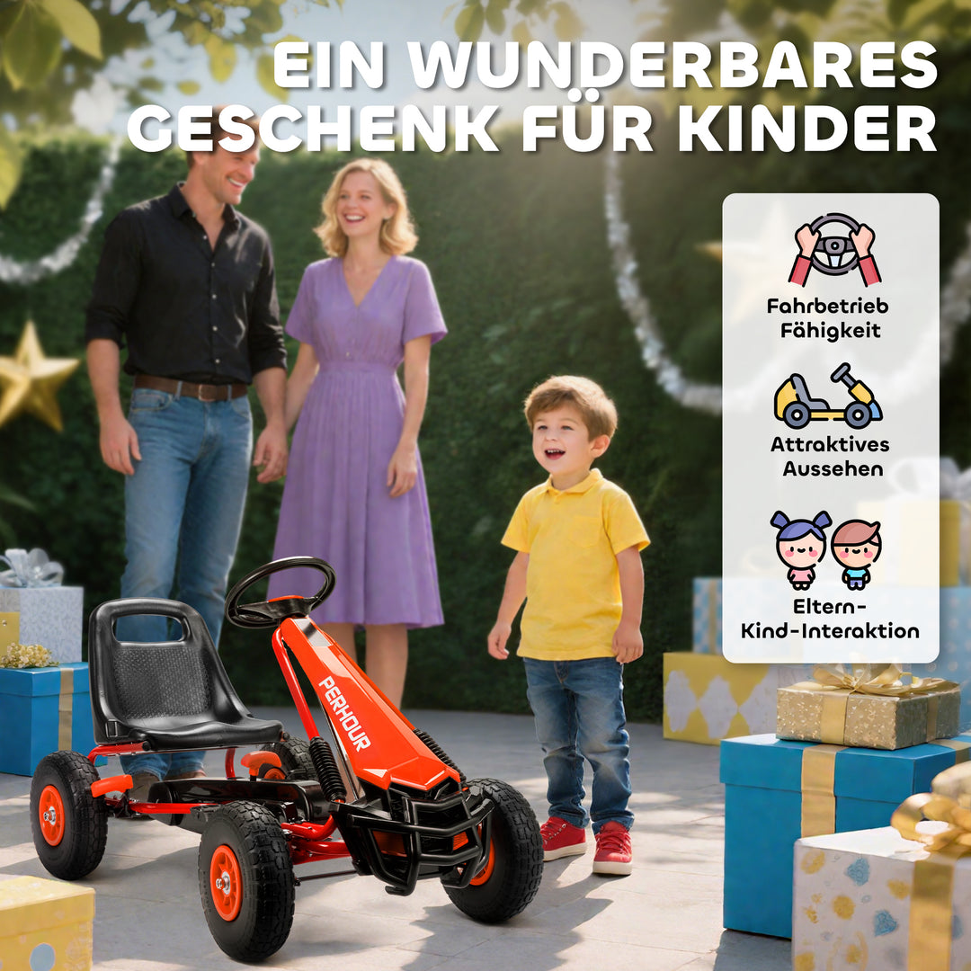 Pedal-gokart til børn, højdejusterbart sæde, EVA-hjul, bremse, kobling, alder 3-8, rød