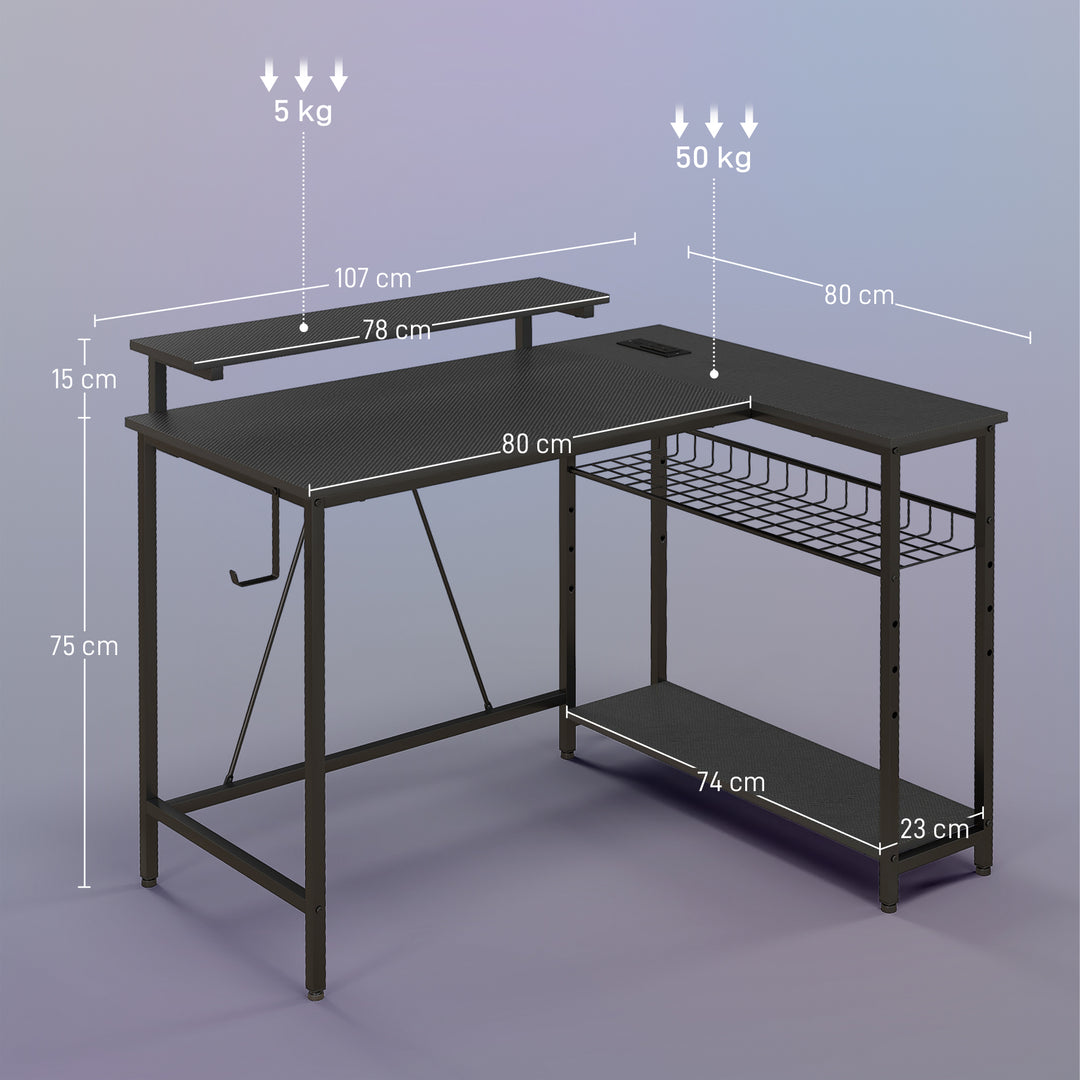L-formet skrivebord med LED-belysning, stikkontakter, USB-porte, vendbart computerbord med hylde, 107 x 80 x 90 cm, sort