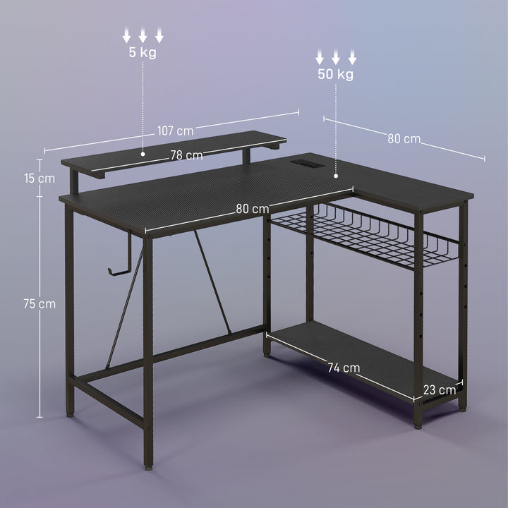 L-formet skrivebord med LED-belysning, stikkontakter, USB-porte, vendbart computerbord med hylde, 107 x 80 x 90 cm, sort