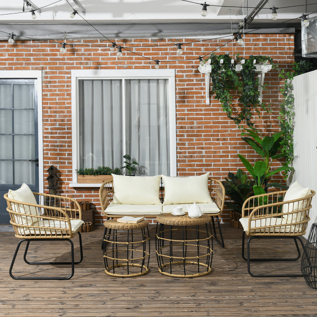 Rattan loungesæt udendørs siddegruppe, boho stil, 5-delt sæt, 145 x 70 x 78 cm, creme + natur + sort