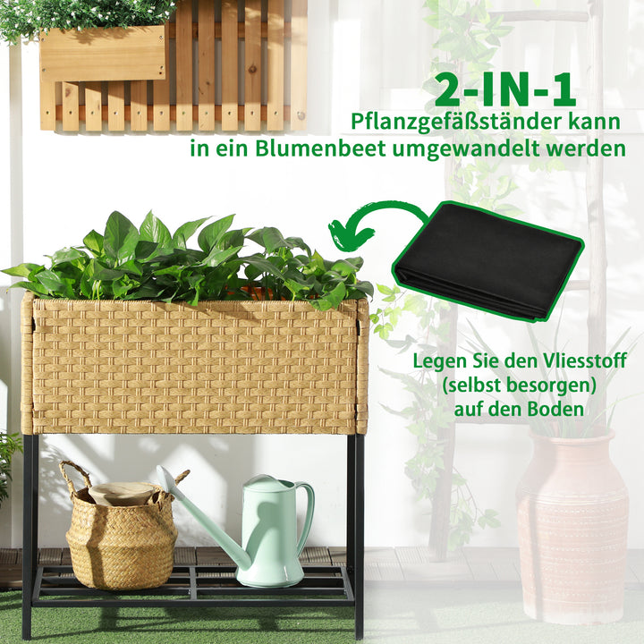 Højbed, blomsterkasse, dyb hylde, metalstel/polyrattan, 70 x 30 x 72 cm, beige