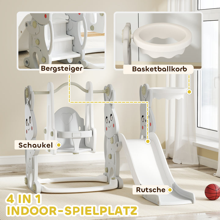 4-I-1 legesæt til småbørn med rutsjebane, gynge, klatrestativ, basketballkurv, plastik, kanindesign, grå