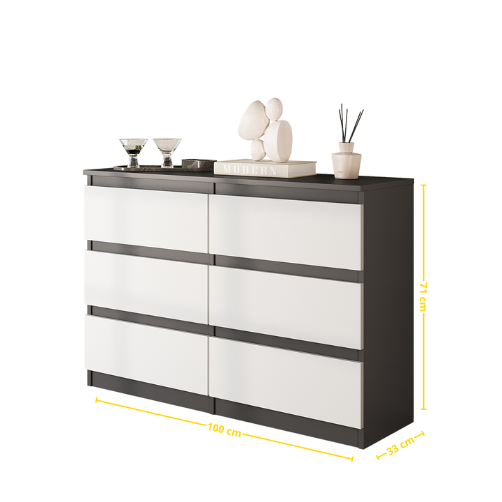 GABRIEL - Kommode / skænk med 6 skuffer - Antracit / Hvid Mat - H71cm B100cm D33cm