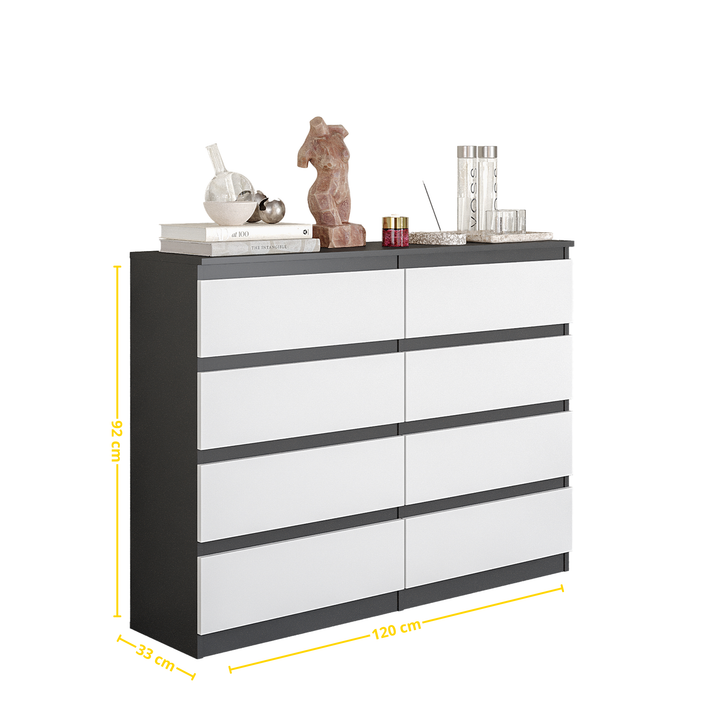 GABRIEL – kommode med 8 skuffer – antracit / mat hvid – H92 cm B120 cm D33 cm