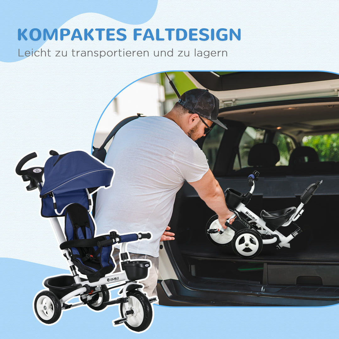 6-i-1 børnetrecykel med skubbehåndtag, kaleche, sele, opbevaringskurv, 18+ måneder, mørkeblå