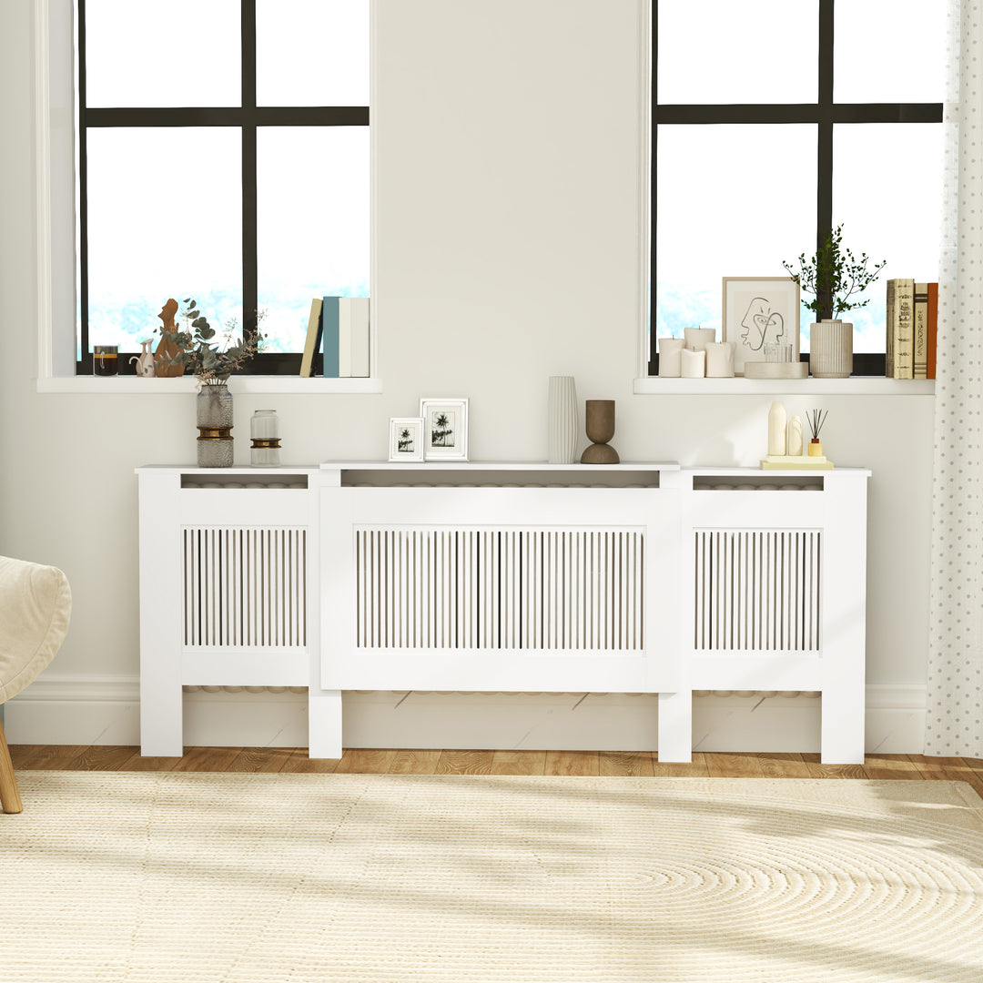 Radiatordæksel lameldesign justerbar længde 125-201cm mdf hvid