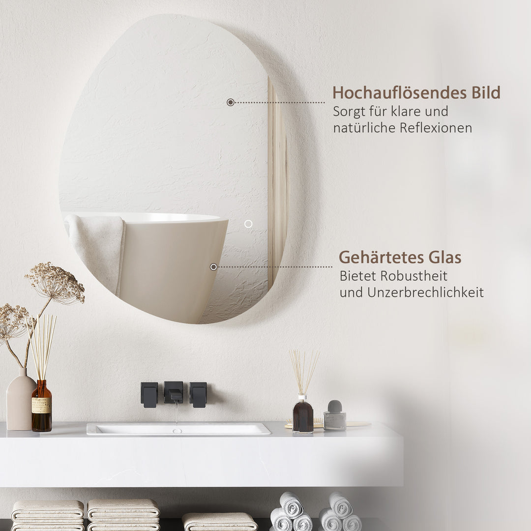70 x 50 cm asymmetrisk badeværelsesspejl med LED-lys, smart touch-afbryder, antidugfunktion, sølv