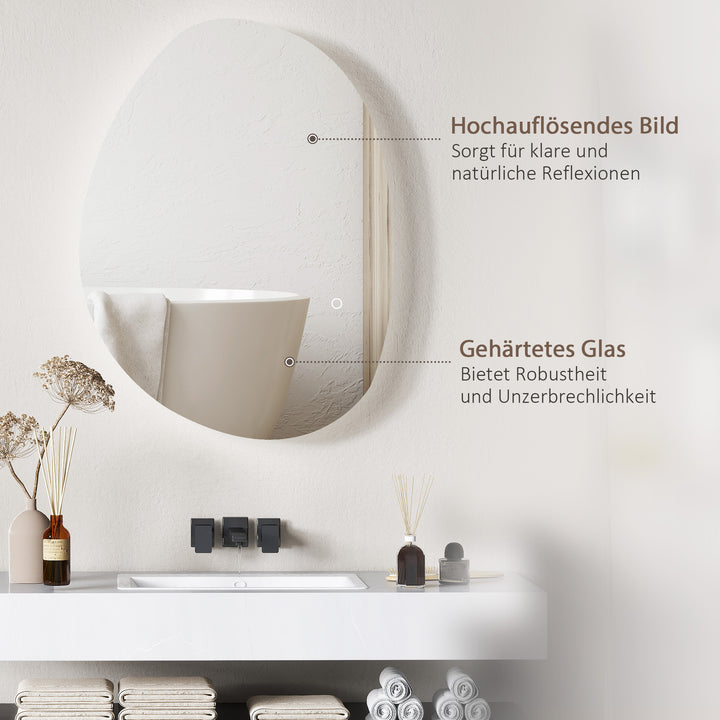 70 x 50 cm asymmetrisk badeværelsesspejl med LED-lys, smart touch-afbryder, antidugfunktion, sølv