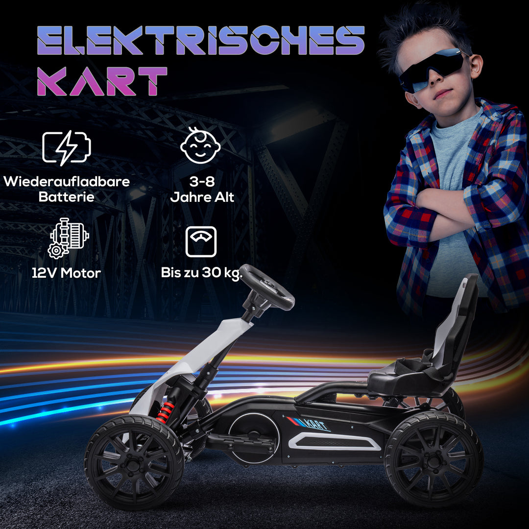 Gokart til børn, el-kart, op til 5 km/t, sikkerhedssele, sæde med ryglæn, plastik, metal, hvid