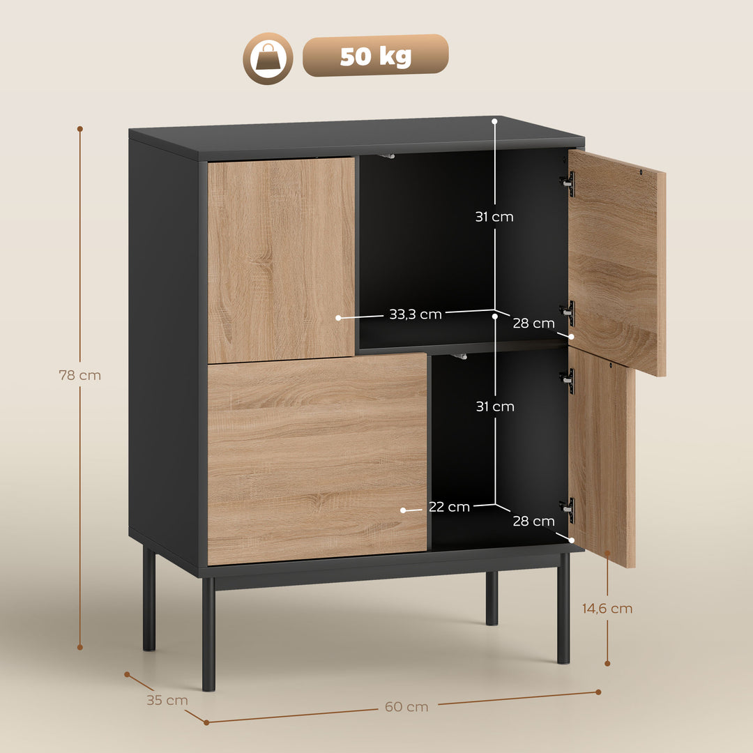 Skænk med push-to-open låger, spisestueskab med metalben, køkkenskab, MDF, sort + naturtræ