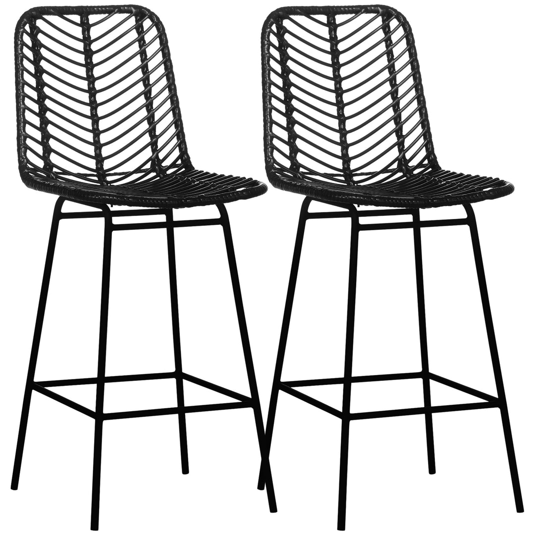 Barstole, sæt med 2, rattan look, fodstøtte, stålstel, skridsikker, op til 120 kg, 42,5 x 52 x 102 cm, sort