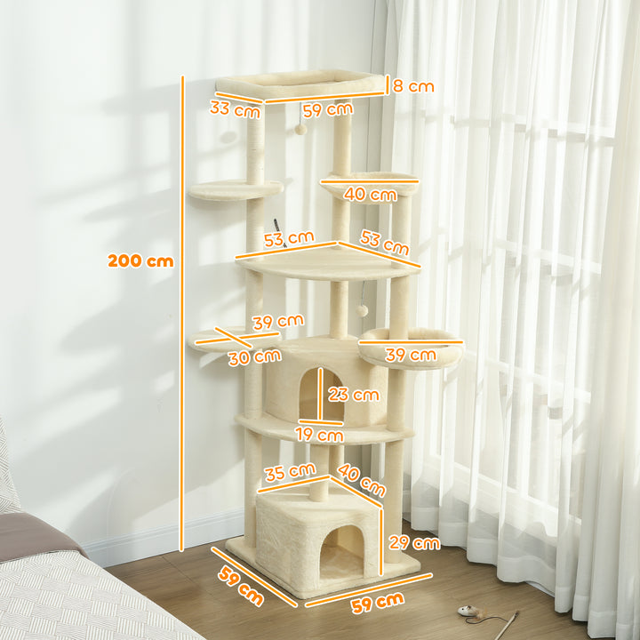 2 meter højt kradsetræ, stort til 2-3 katte, kradsetræer, huler, hængekøje, skjulesteder, design i flere niveauer, sisal, træ, plys, beige