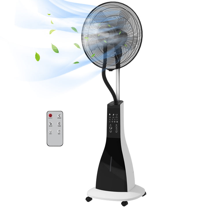 Sokkelventilator med befugtning, støjsvag, bærbar, fjernbetjening, sort/hvid