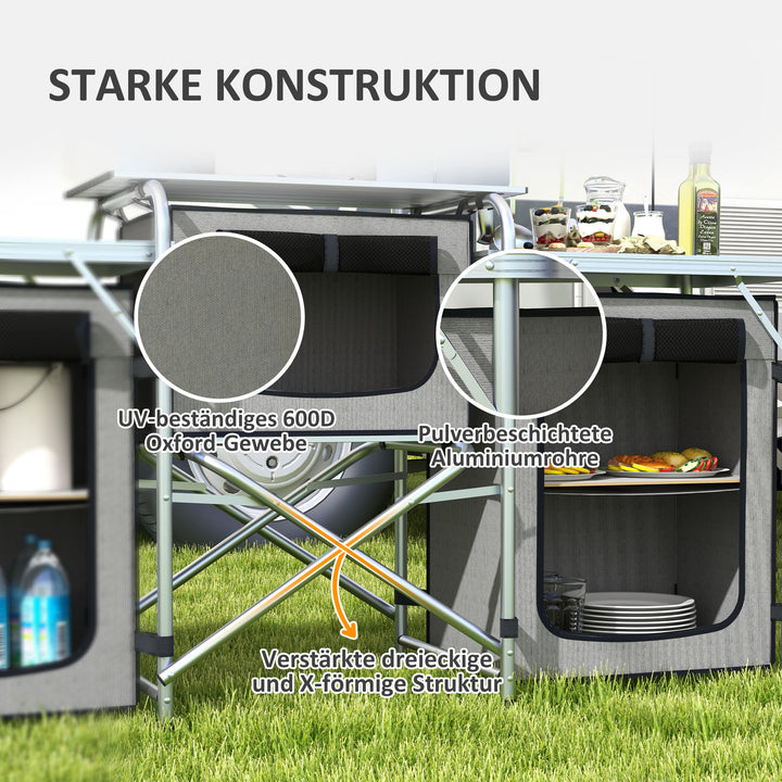 Sammenklappeligt campingkøkken med vindskærm, 3 stofrum, aluminiumsramme, 172x48x130cm, grå/sølv