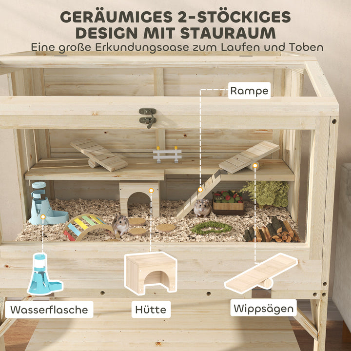 Hamsterbur, 2 niveauer, bur til små dyr med opbevaringsrum, tilbehør, 84 x 53 x 110 cm, naturtræ