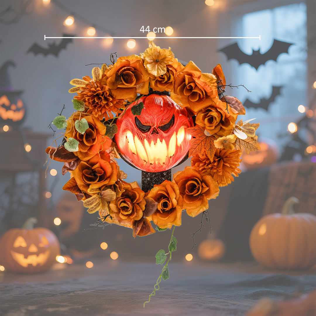 Halloween-krans, uhyggeligt græskardesign, efterårsblade, lyseffekter, plastik