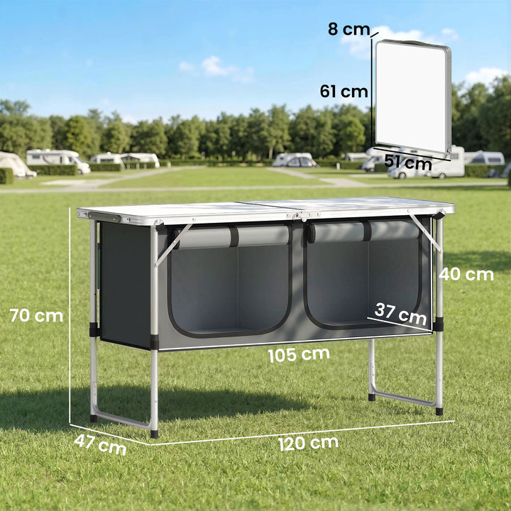 Sammenklappeligt campingkøkkenskab med aluminiumsramme, opbevaringsrum og bordplade til campingture, sølv