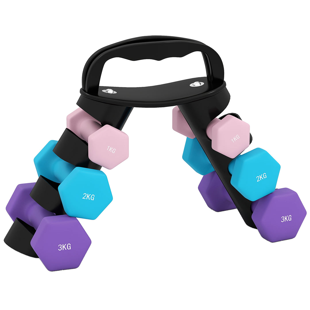 Håndvægtsæt med opbevaringsstativ, sæt med 6 håndvægte til fitnesstræning, 2 x 1 kg, 2 x 2 kg, 2 x 3 kg