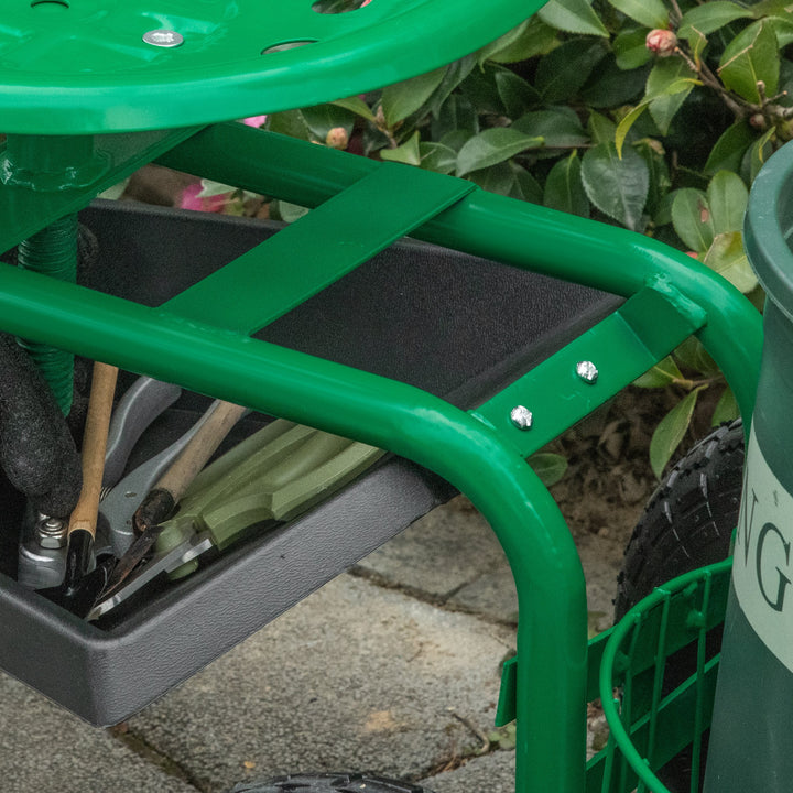 Havevogn med rullesæde (op til 150 kg) med opbevaringskurv til små haveredskaber, mobil værkstedsvogn, styrbart havesæde, sædehøjdejusterbar fra 46-59 cm, metal, gummi, grøn