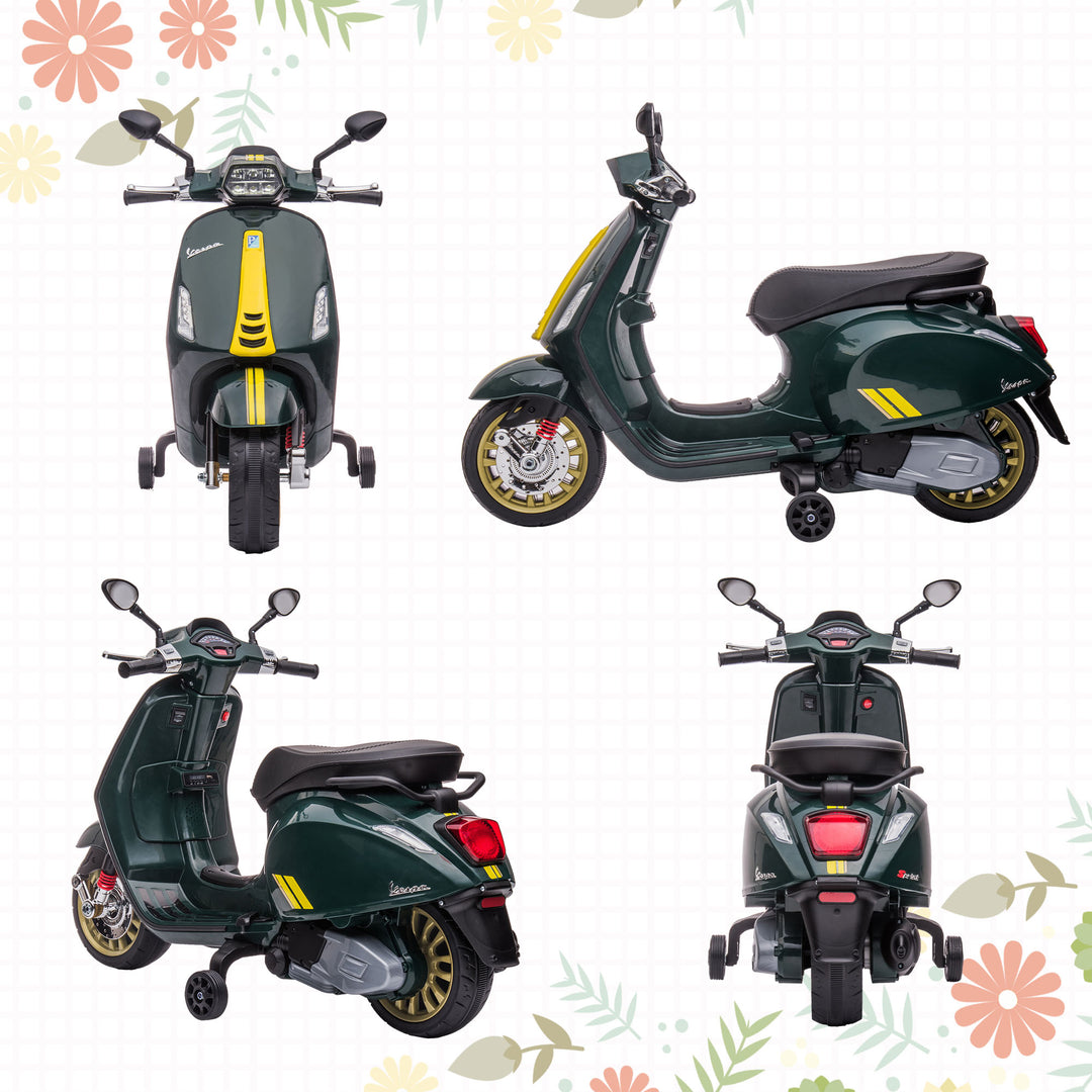 Elektrisk børnemotorcykel, vespa, 3 km/t, 3-6 år, musik, lys og radio, mørkegrøn