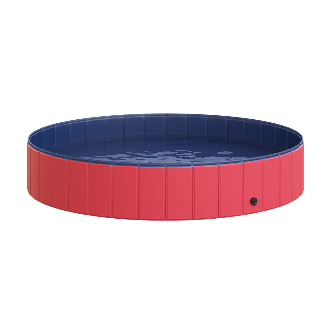Sammenklappeligt hundebadekar, hundebassin, børnebassin, swimmingpool, vandbassin til hunde og katte, swimmingpool af plastik og træ, rød, Ø160 x 30H cm