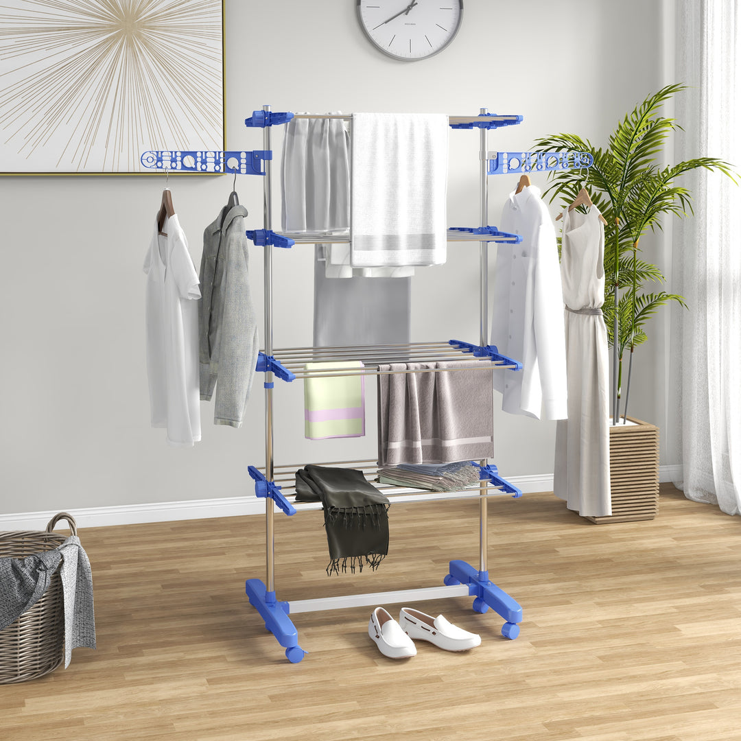 Tørrestativ med 5 niveauer, foldbar, et-klik-system, 142 cm x 55 cm x 1,72 cm, blå + sølv