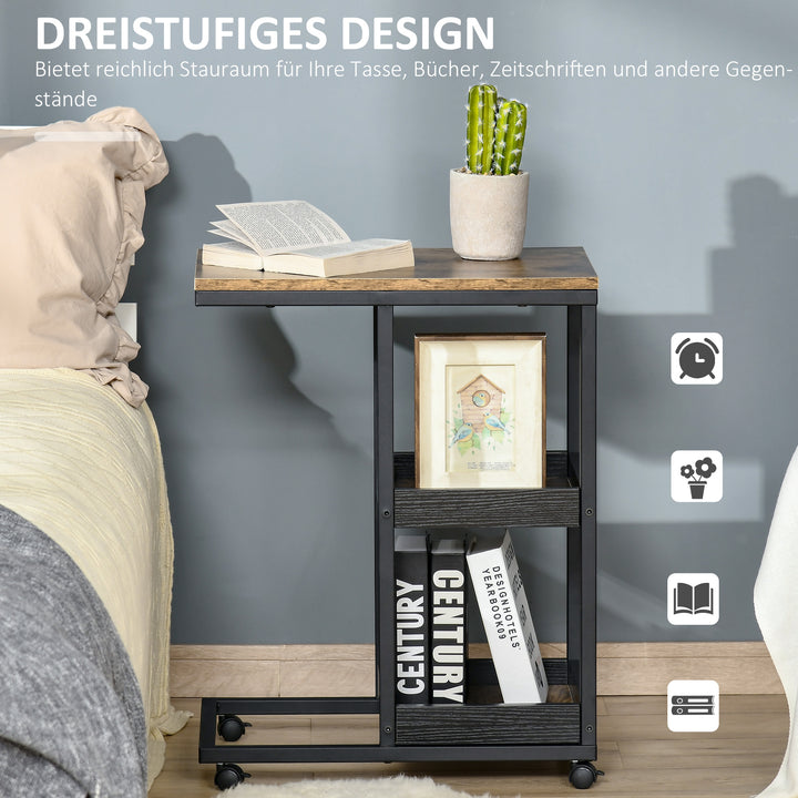 Sidebord med hjul til sofa eller seng, industriel stil, stål og træ, brun og sort