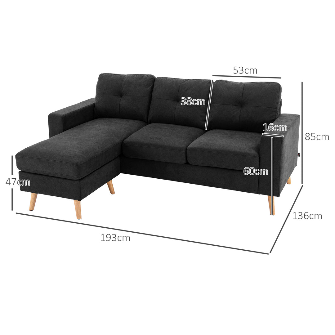 3-Personers sofa, hjørnesofa, med chaiselong, knapsyninger, 193 x 136 x 85 cm, sort