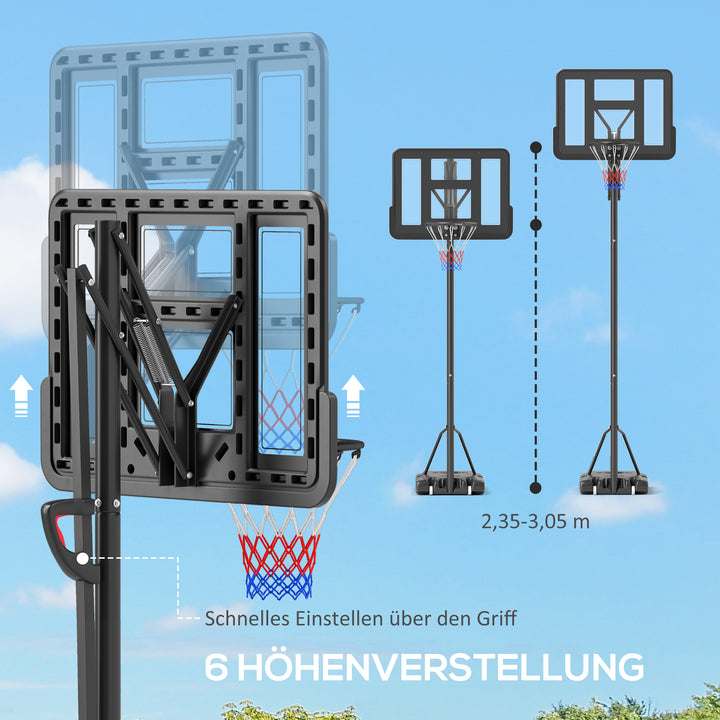 Basketballstativ, højdejusterbar kurvhøjde 235-305 cm, fyldbar bund med hjul, sort