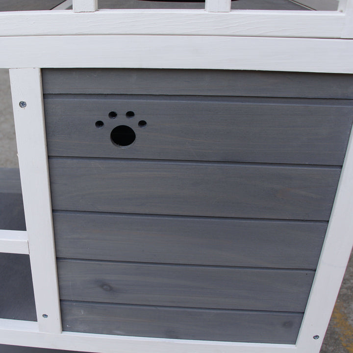 Kattehus, grantræ, udendørs kattehus med terrasse, kattehule, 4 etager, kattevilla med trapper, asfalttag, vintersikkert, smådyrshus, grå, 75,5 x 75 x 137 cm