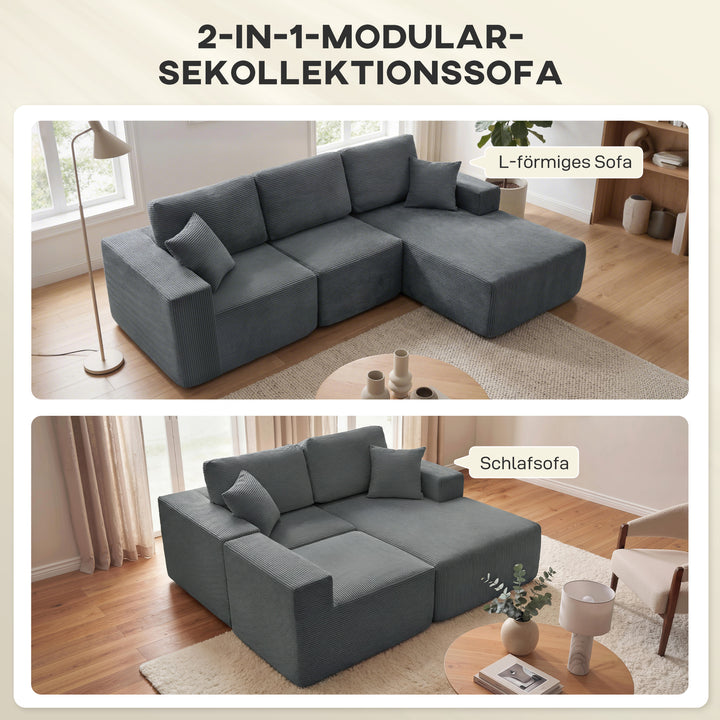 Modulær hjørnesofa, L-formet sovesofa med dybt sæde, brede armlæn, 2 hynder, mørkegrå