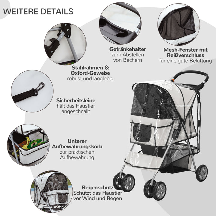 Dog buggy hundevogn op til 10 kg sammenklappelig regnovertræk bundkurv 2 kopholdere 75 cm x 45 cm x 97 cm grå