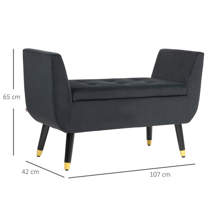 Opbevaringsbænk med armlæn, kommodebænk, fløjlspolyester, gummitræ, mørkegrå, 107 x 42 x 65 cm