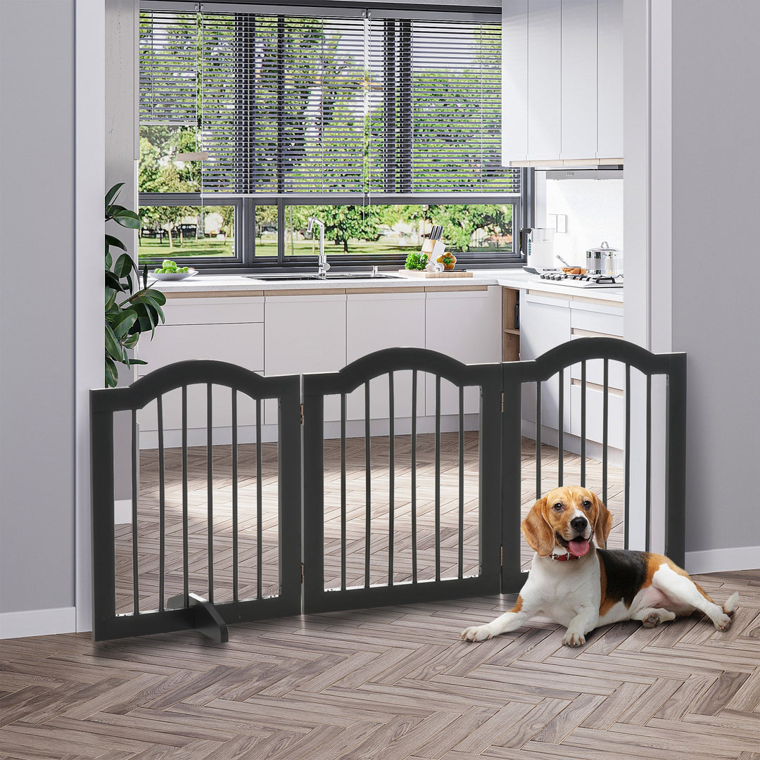 Hundegitter, 3-delt, 154,5 x 61 cm, sammenklappelig hundegitter med dør, dørsikkerhedsgitter med 2 støttefødder, fritstående trappegitter til køkken, entre, sort