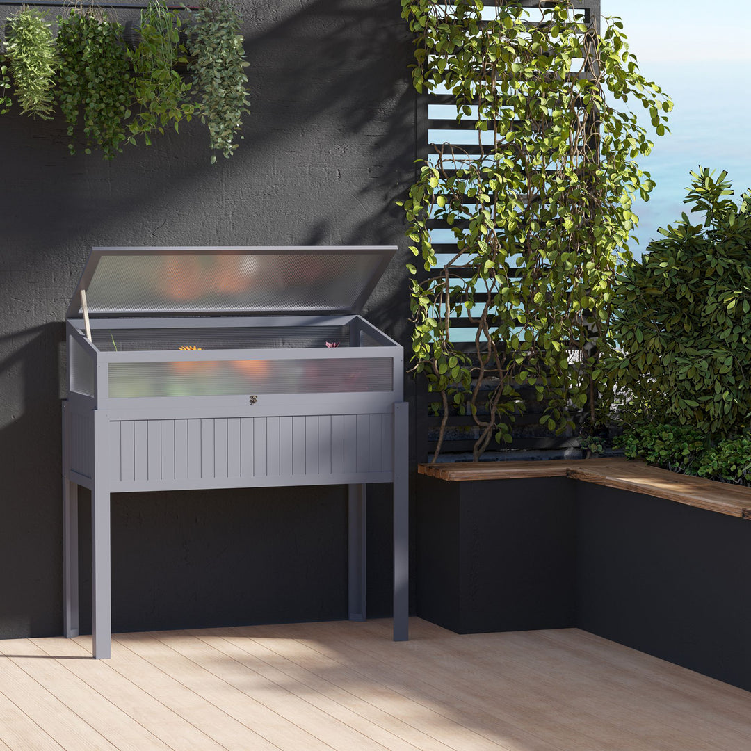 Højbed af træ med kold ramme 2-i-1 drivhus tomathus grøntsagsbed urtebed plantekasse til have balkon og terrasse polycarbonat grå 120 x 54 x 112/122 cm