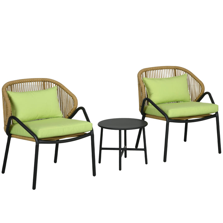 Rattan havemøbelsæt, 3 dele, sæde- og ryghynder, kunstig rattan, metalramme, grøn