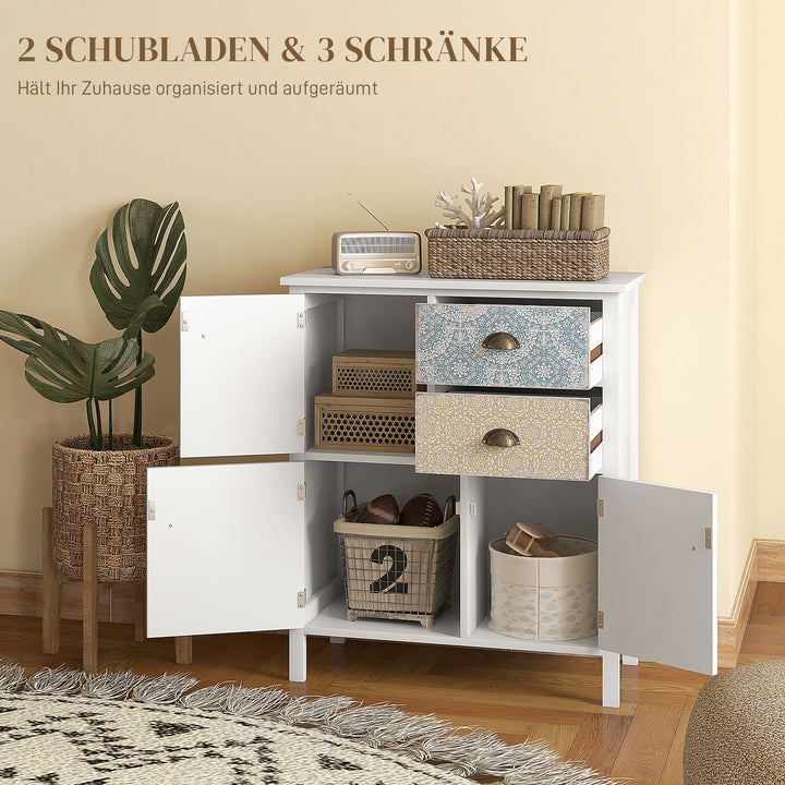 Skænk, shabby chic kommode, 2 skuffer, 3 skabsrum, fyrretræ, 68x34x80cm, hvid
